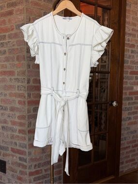 Off-white Ruffle-Sleeve Button Front Romper with Tie Waist by Kendall Lane